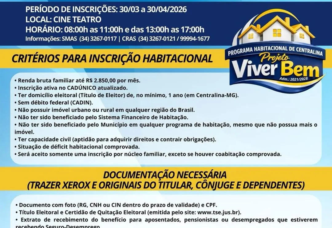 Prefeitura Municipal divulga abertura de inscrições para o Programa Habitacional “Viver Bem” em Centralina